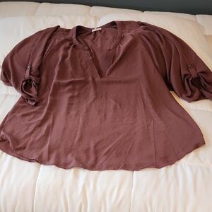Maurices Deep Rose/Brown/Mauve Blouse with Buttoned Sleeves